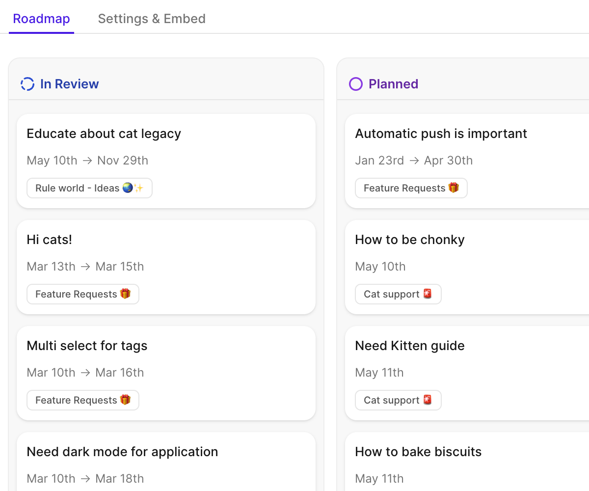 Screenshot of featureOS product roadmap with Kanban board visualization